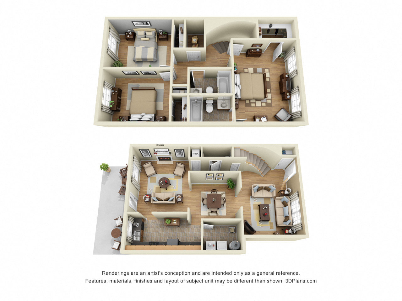 Floor plan for 3 beds, 2.5 baths, 1820 sqft